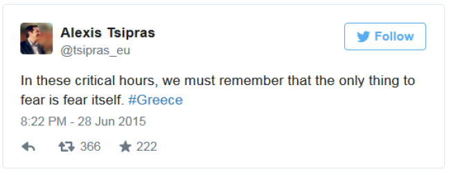 <b>SITERTE ROOSEVELT:</b> "Det eneste å frykte er frykten i seg selv". Den greske statsministeren twitret søndag Franklin D. Roosevelts berømte sitat fra den store depresjonen i USA på 1930-tallet.