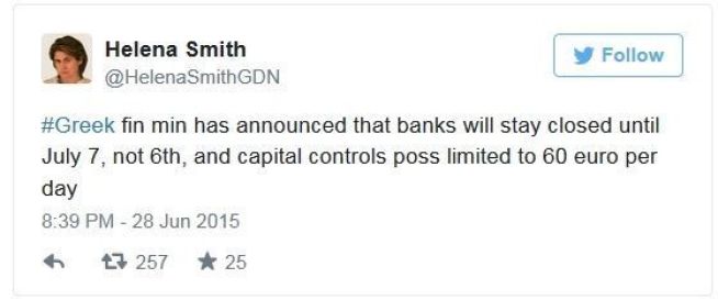 <b>60 EURO:</b> Korrespondent Helena Smith i the Guardian twitrer at maksuttaket i greske banker blir på 60 euro - 522 kroner.